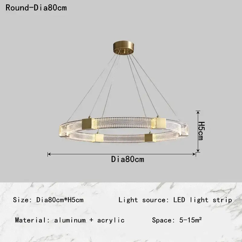 Modern circular decorbites led chandelier with gold aluminum frame and clear acrylic rings for living room lighting