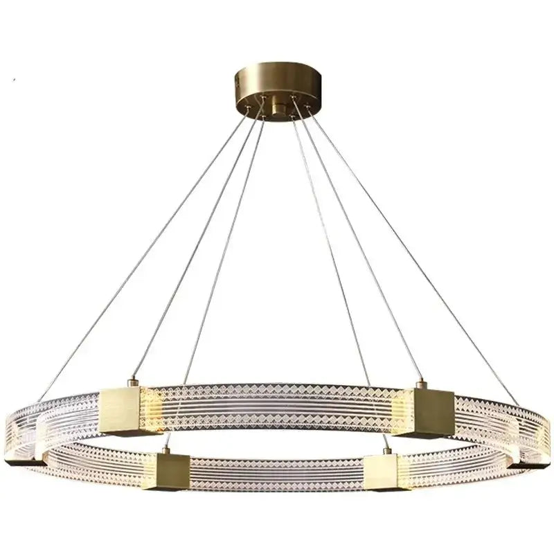 Modern double-ring decorbites led chandelier with brass accents and clear acrylic prisms for living room lighting