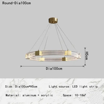 Modern decorbites led chandelier with gold aluminum frame and clear acrylic rings for living room and bedroom lighting