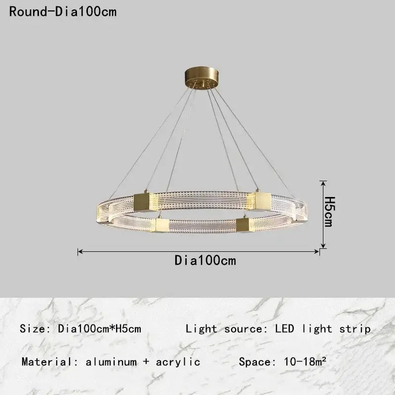 Modern decorbites led chandelier with gold aluminum frame and clear acrylic rings for living room and bedroom lighting
