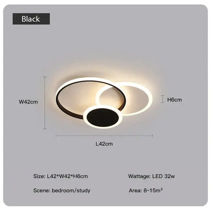 Black circular decorbites led chandelier with two interlocking rings emitting warm glow for living room and bedroom use