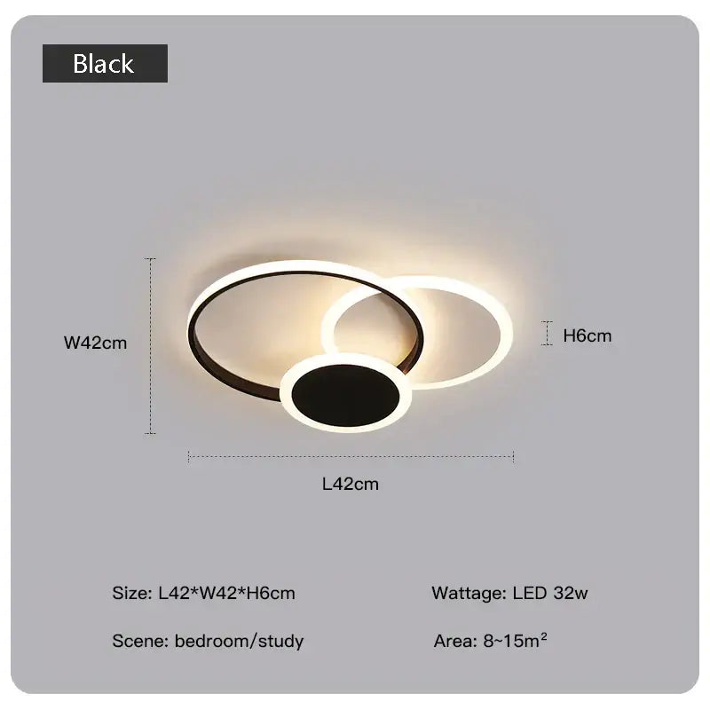 Black circular decorbites led chandelier with two interlocking rings emitting warm glow for living room and bedroom use