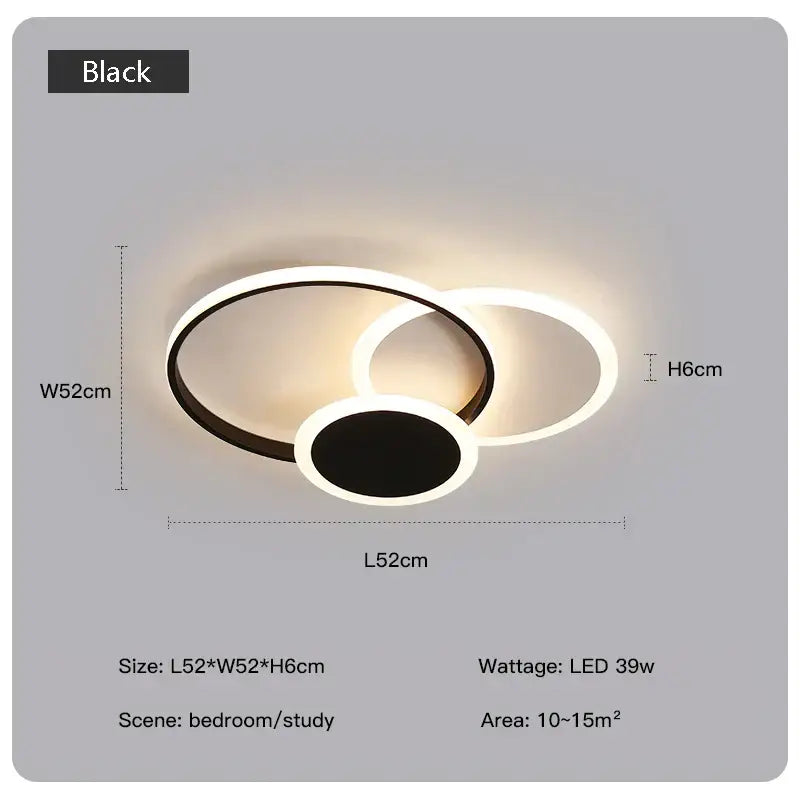 Black led chandelier with two interlocking rings in modern minimalist design by DecorBites led chandelier for living room