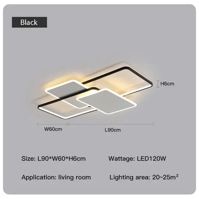 Modern black decorbites led chandelier with sleek geometric overlapping rectangular panels for living room or bedroom
