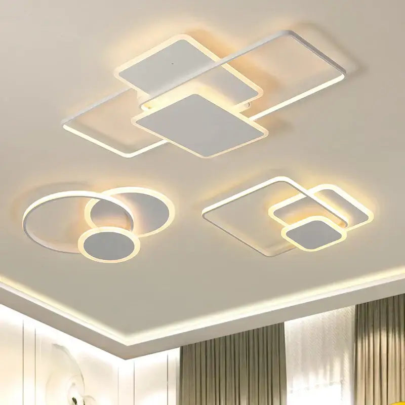 Modern white decorbites led chandelier with geometric rectangular and circular designs for living room and bedroom lighting