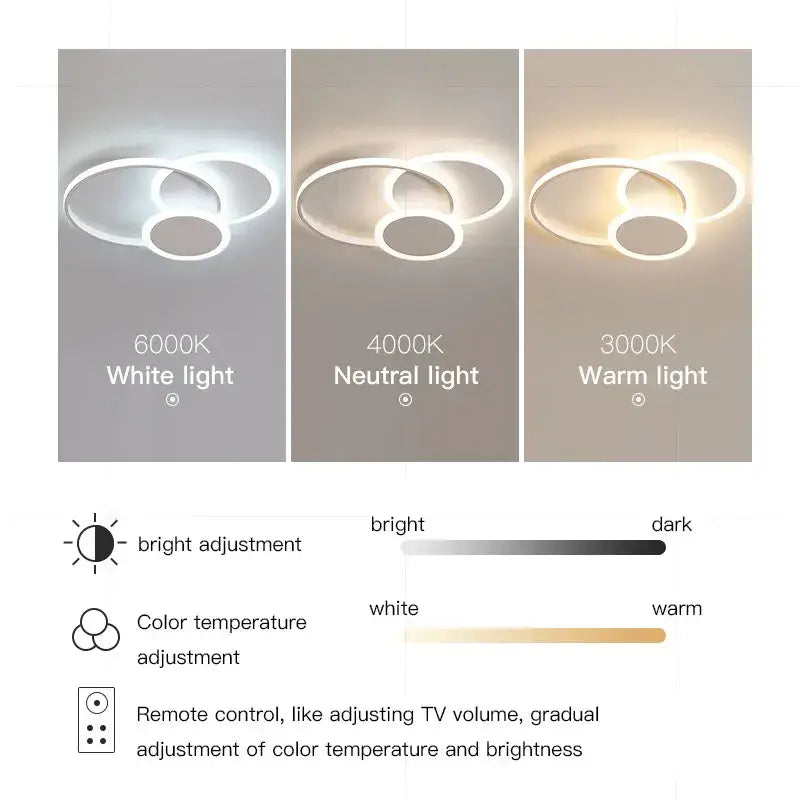 Decorbites led chandelier with three concentric white rings in cool, neutral, or warm white for modern living spaces