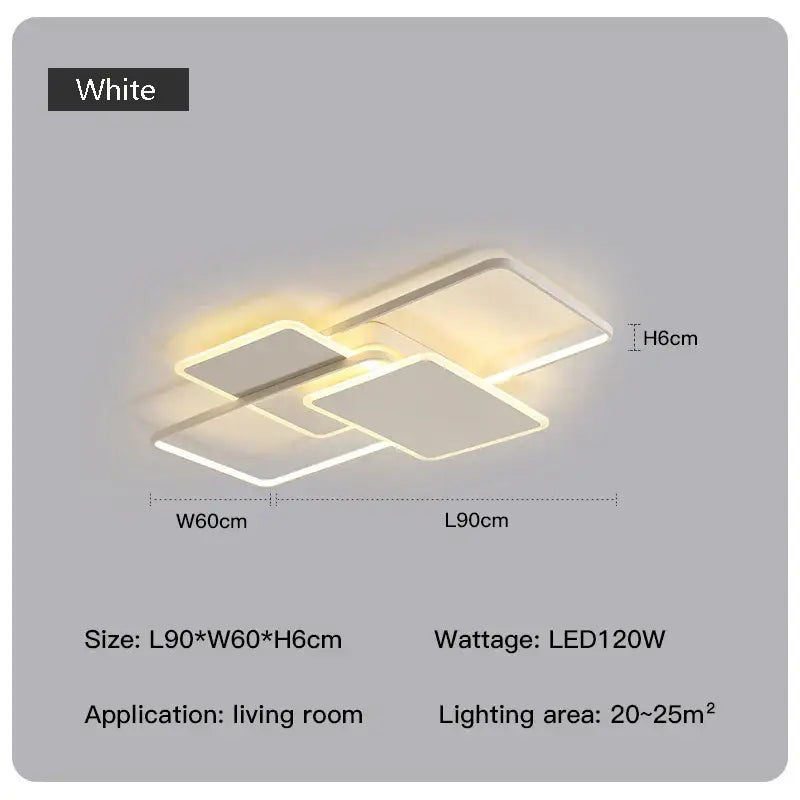 Modern white DecorBites LED chandelier with overlapping rectangular panels for living room and bedroom lighting