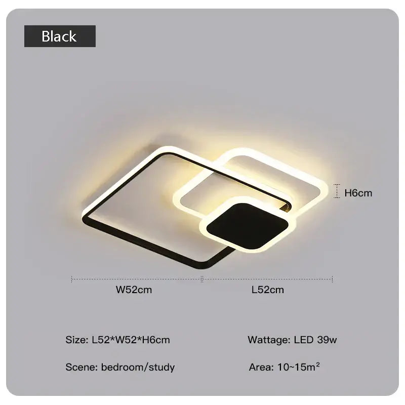 Black modern led chandelier with overlapping rectangular frames and glowing edges by DecorBites LED chandelier