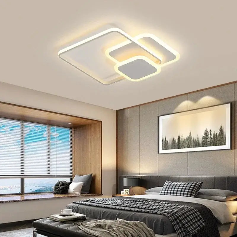 Modern white decorbites led chandelier with layered geometric design and warm white illumination for living spaces