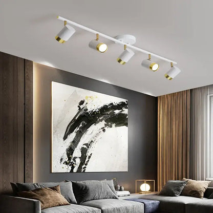 White DecorBites LED chandelier with gold accents and adjustable spotlights for living room and bedroom ceiling decor