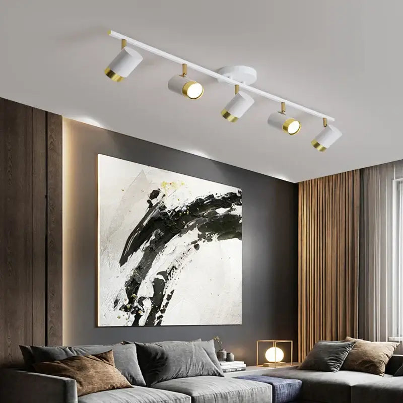 White DecorBites LED chandelier with gold accents and adjustable spotlights for living room and bedroom ceiling decor