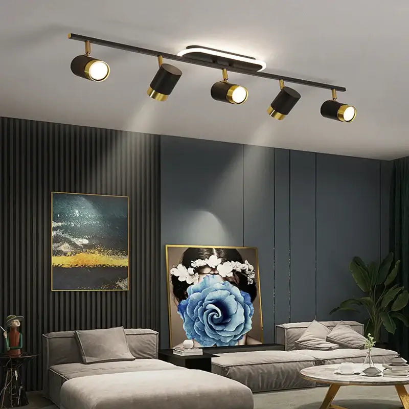 Black and gold DecorBites LED chandelier with four adjustable spotlights for living room and bedroom ceiling decor