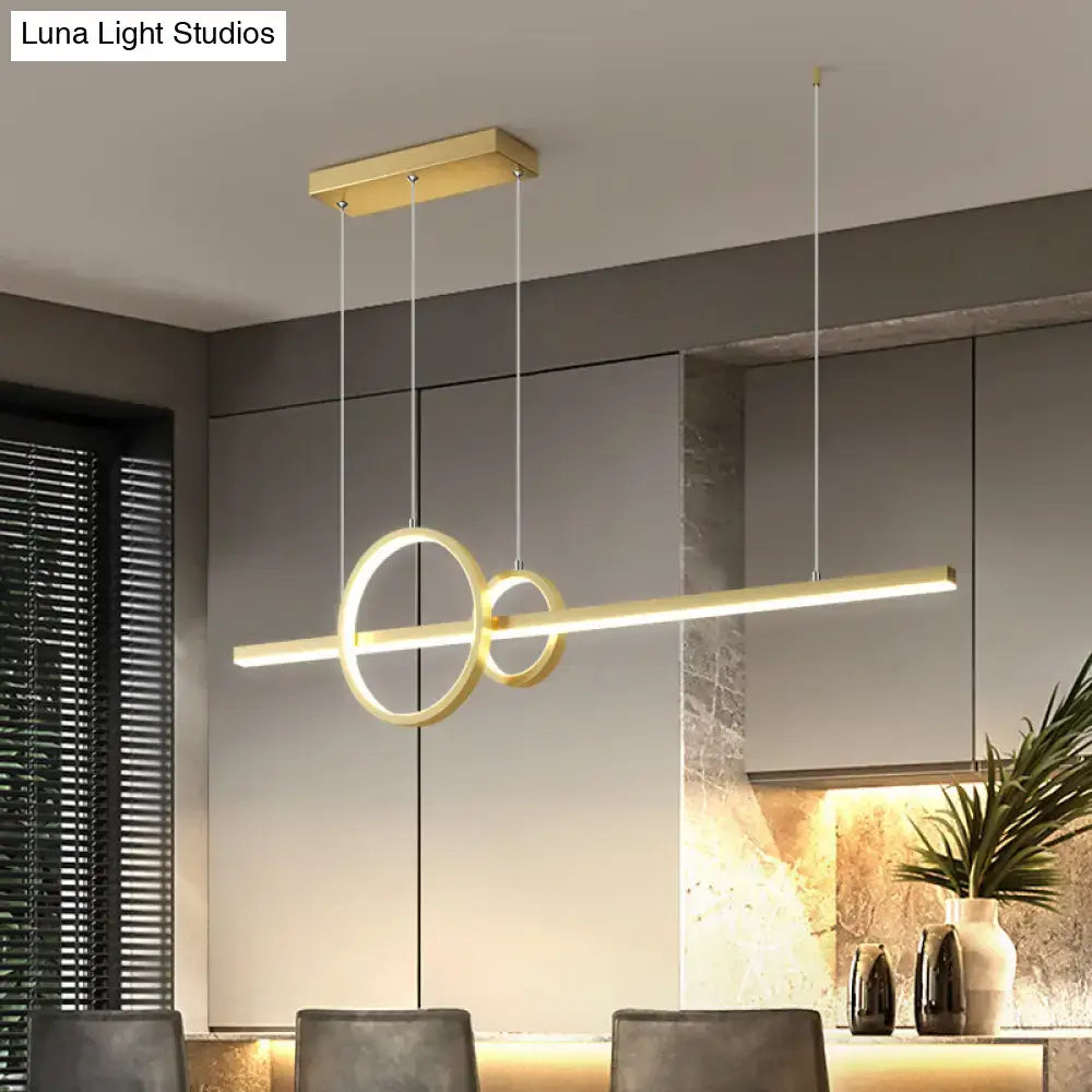 Decorbites™ led circle and line suspension lamp with gold finish metal rings and linear bar for restaurants warm white third gear lighting