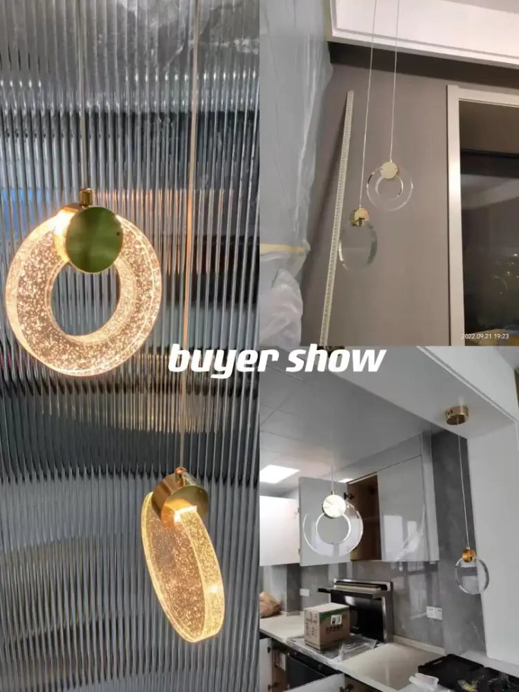 Gold-toned decorbites™ led crystal pendant light with textured glass finish and acrylic rings for bedroom and bathroom