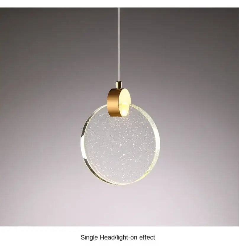 DecorBites™ led crystal pendant light with gold metal fixture and clear glass disc with sparkling particles for bedroom and bathroom