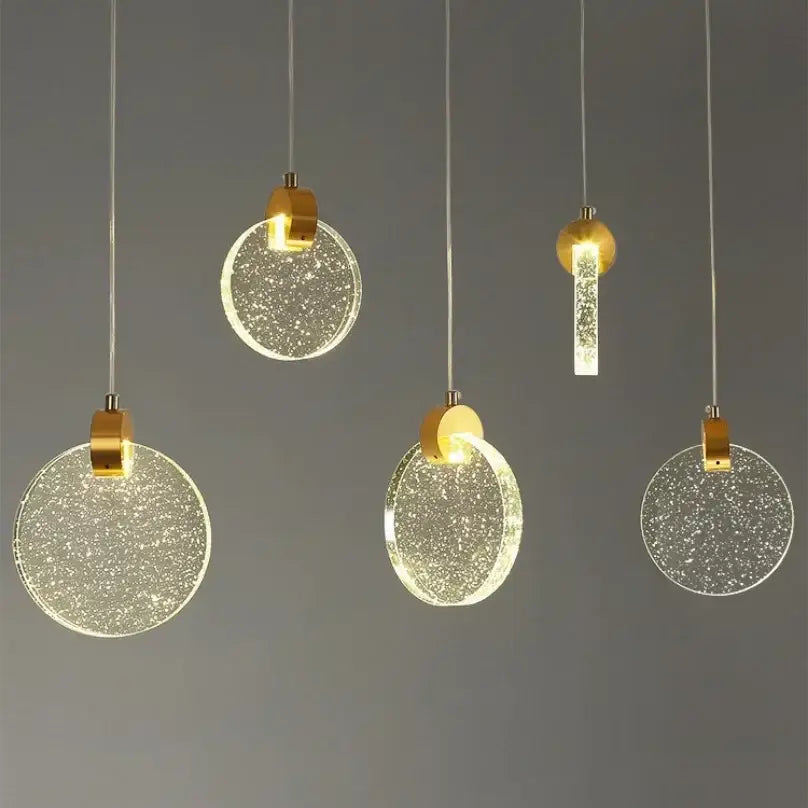 DecorBites™ led crystal pendant lights with gold metal fixtures and clear glass shades for bedroom and bathroom use