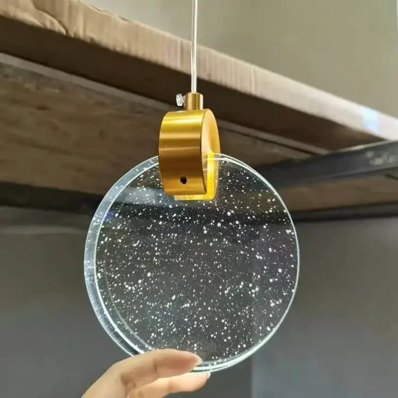 DecorBites™ led crystal pendant light with gold metal fixture and clear glass disc for bedroom and bathroom use