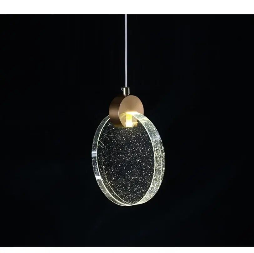 DecorBites™ led crystal pendant light with clear oval glass shade filled with sparkling particles and warm metallic ring