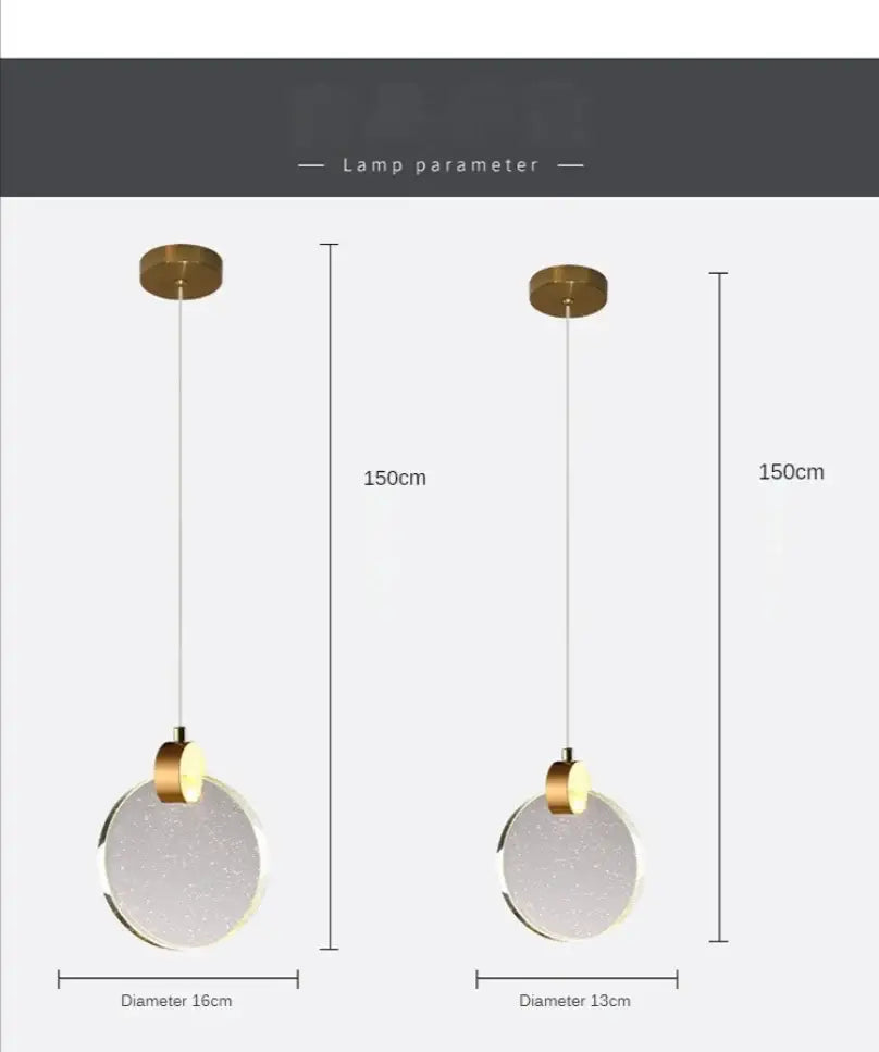 DecorBites™ led crystal pendant light with circular frosted glass shade and gold metal for bedroom and bathroom