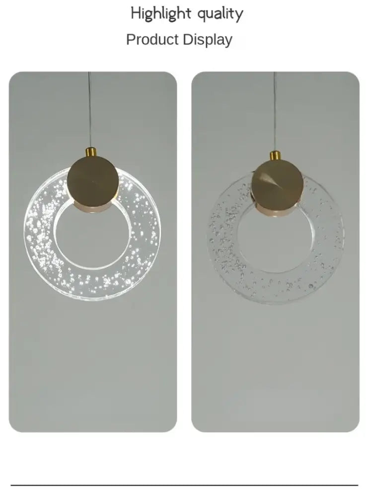 Modern DecorBites™ led crystal pendant light with clear textured glass ring and brushed gold metal top for bedroom and bathroom
