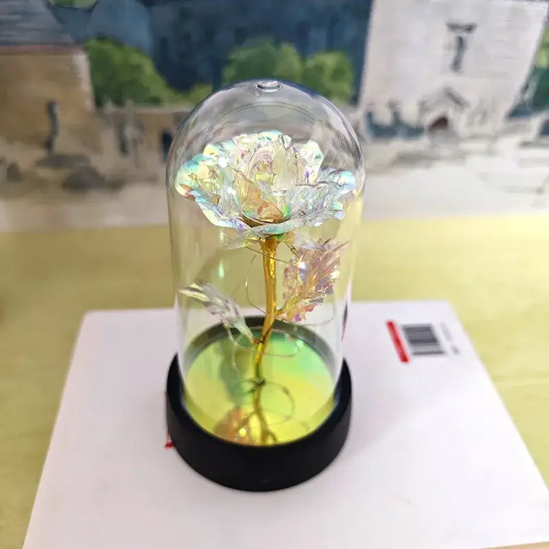 Decorbites™ LED eternal rose light with iridescent rose and golden stem encased in glass dome for valentine’s day and weddings