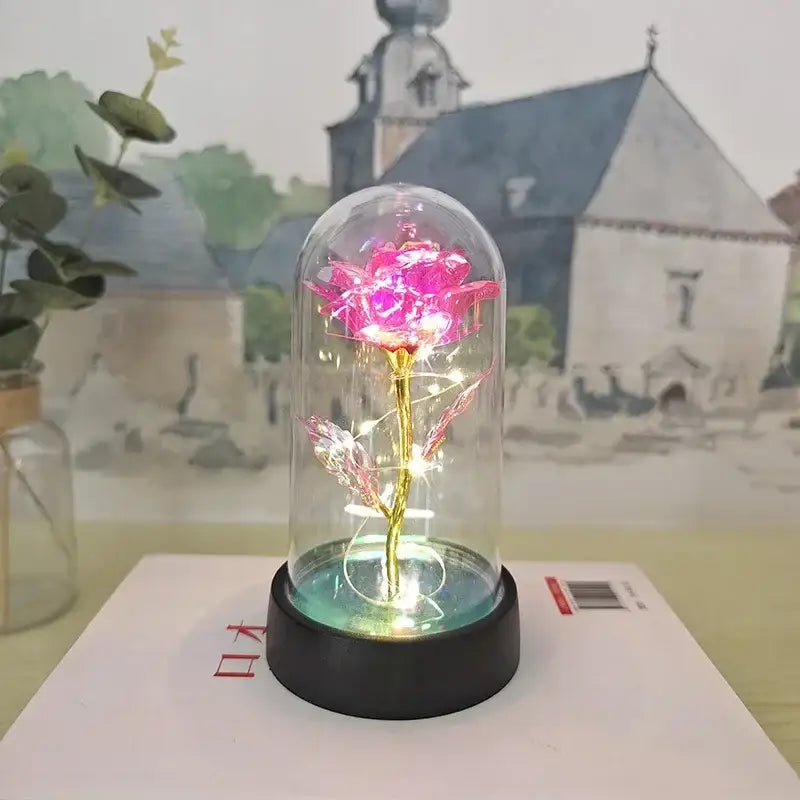 Decorbites™ led eternal rose light with glowing pink rose and golden stem in glass dome for valentine’s day and weddings