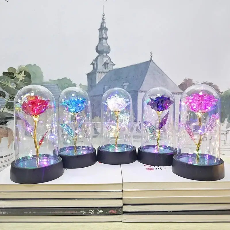 Five illuminated red led eternal rose lights encased in glass domes with black bases for valentine’s day and weddings