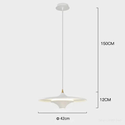 A modern white decorbites led flying saucer pendant light with sleek disc-shaped shade and slender cord for indoor use