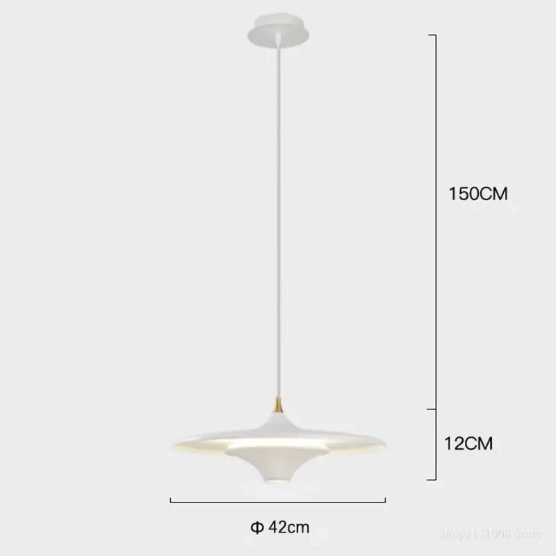A modern white decorbites led flying saucer pendant light with sleek disc-shaped shade and slender cord for indoor use