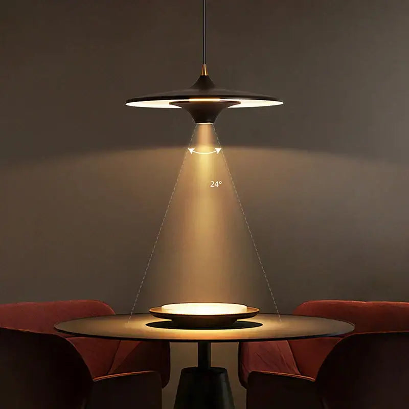 Modern black DecorBites LED flying saucer pendant lights with sleek disc design and warm illumination for indoor use