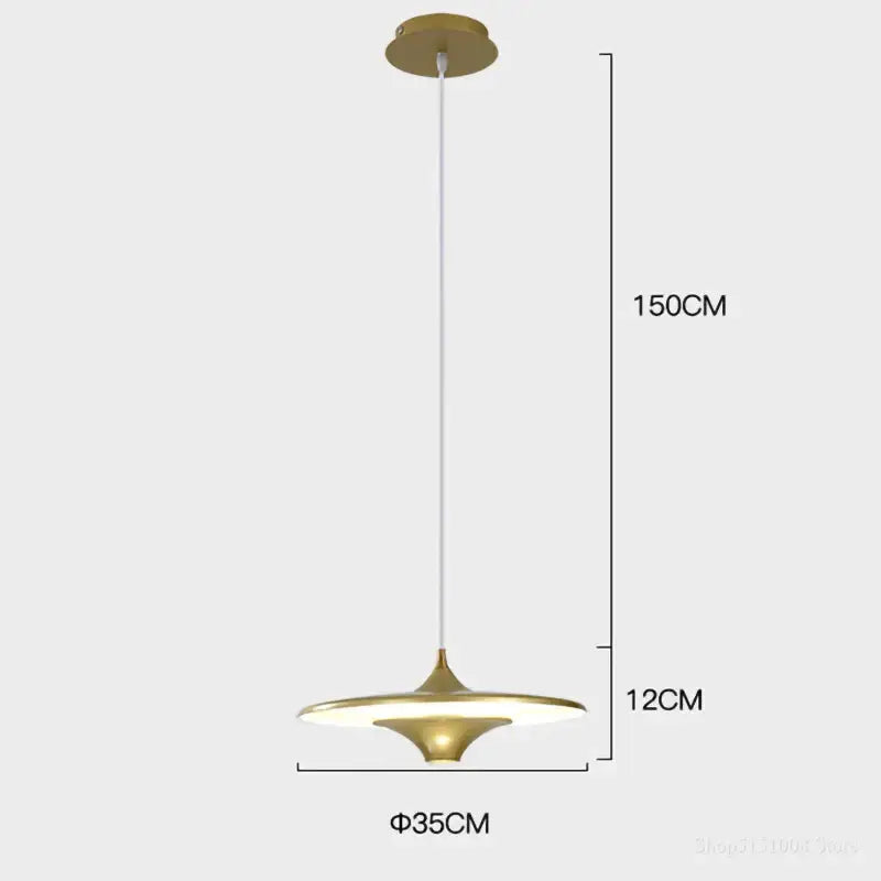 Gold-toned decorbites led flying saucer pendant lights with sleek disc design and white cord for indoor lighting