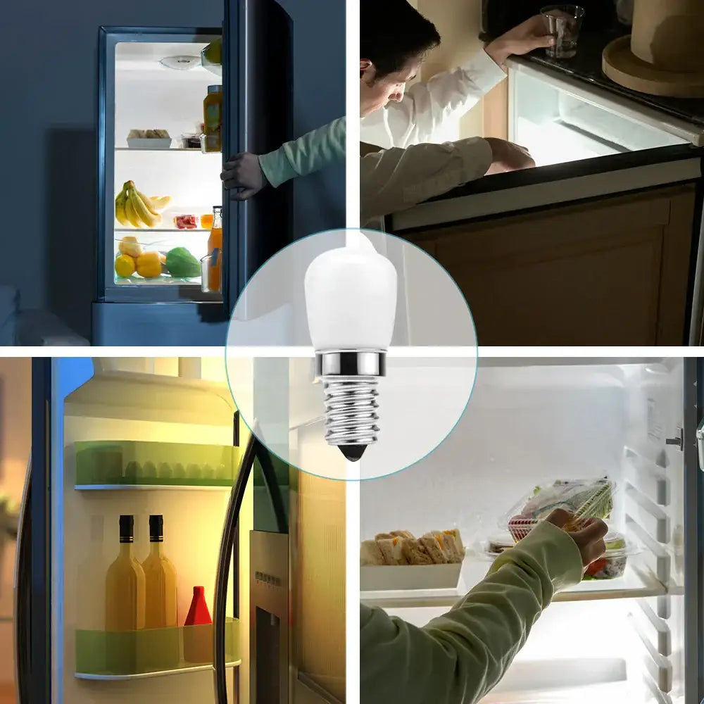 A frosted white e14 led fridge bulb with metallic screw base designed for refrigerator lighting by decorbites led