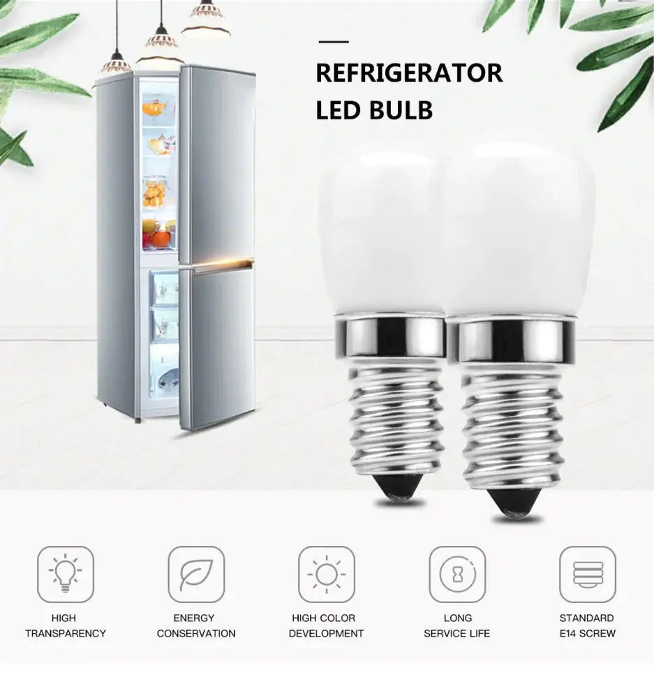 Two white frosted decorbites led fridge bulbs with silver e14 screw bases ideal as halogen replacement
