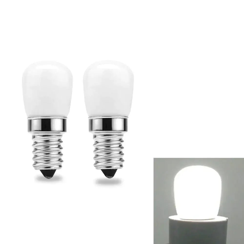 Two white frosted decorbites led fridge bulbs with chrome finished e14 screw bases for 3w 220v use