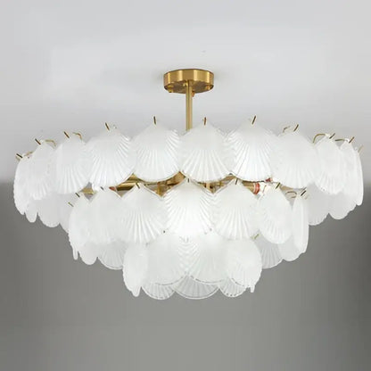 Decorbites led frost white translucent glass shell chandelier with gold-toned metal frame for home decor lighting