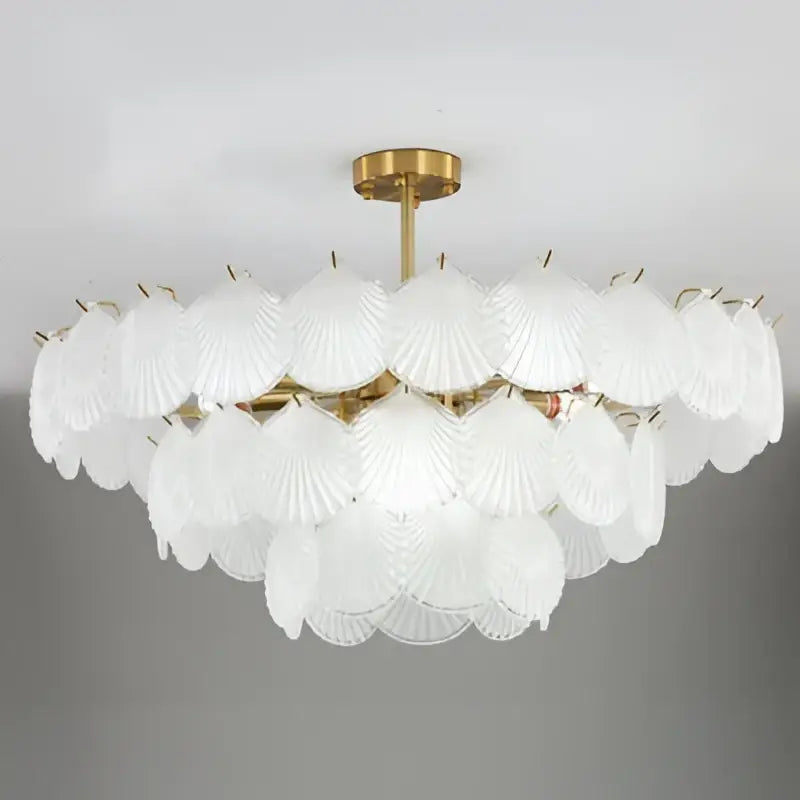 Decorbites led frost glass shell chandelier with white translucent glass and gold-toned metal frame for home lighting
