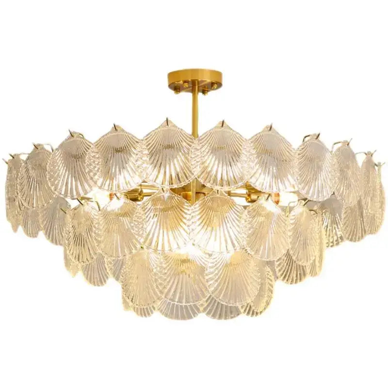 Decorbites led frost two-tiered chandelier with translucent led frost glass shell fans around brass fixture for home decor
