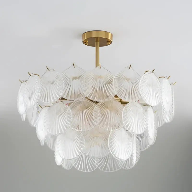 Clear glass shell chandelier with gold-toned metal frame featuring decorbites led frost glass shell design for home decor