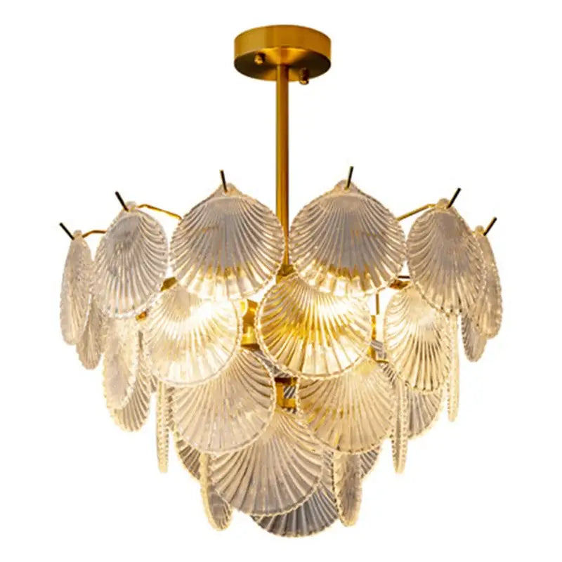 Golden brass decorbites led frost glass shell chandelier with translucent fan-shaped shells in cascading pattern for home decor