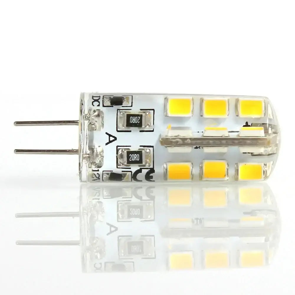 Clear glass DecorBites LED G4 3W SMD bulb with yellow LEDs and metallic pins for 12V 220V spotlight use