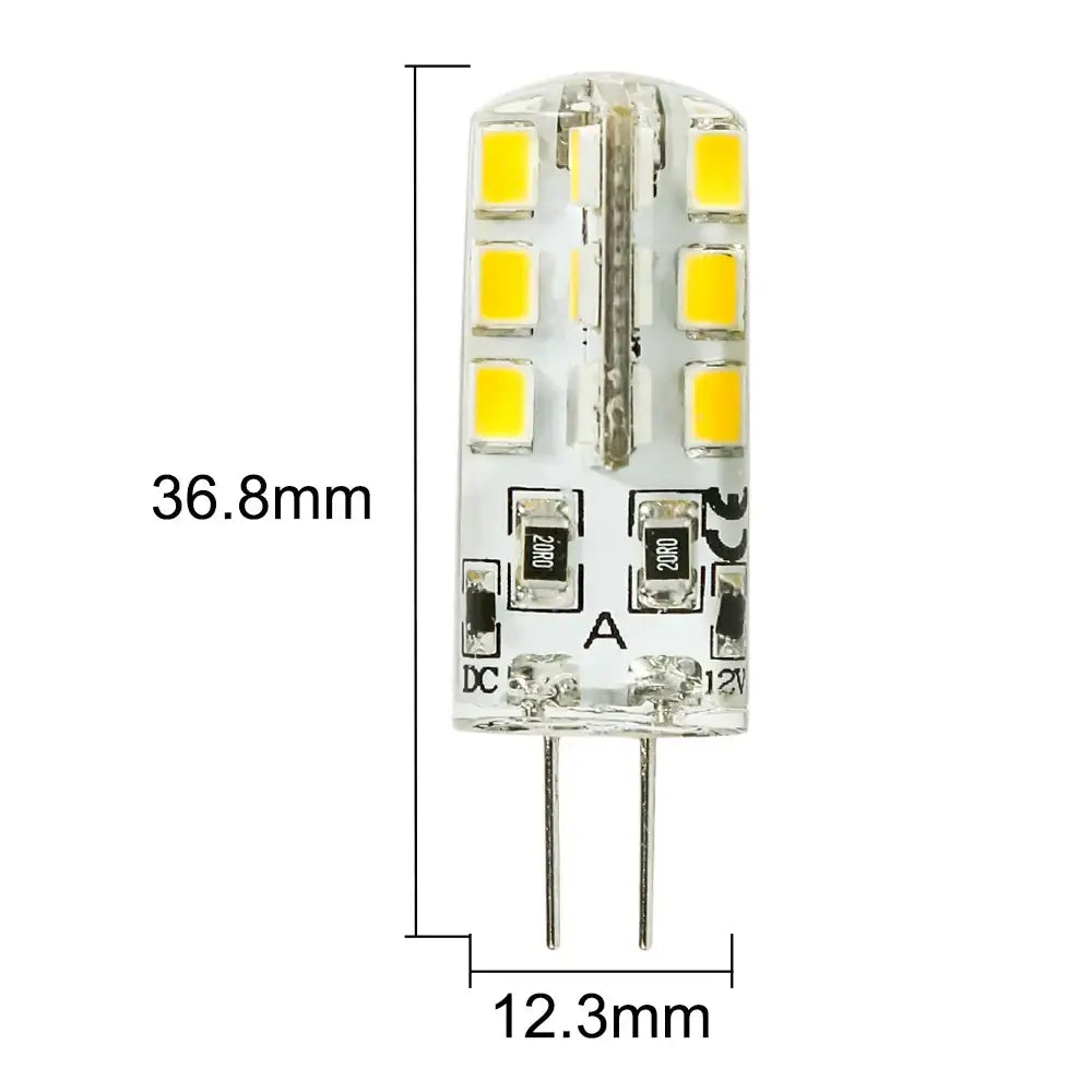 Clear glass decorbites led g4 3w bulb with 24 yellow smd 2835 leds and metallic pins for 12v dc use