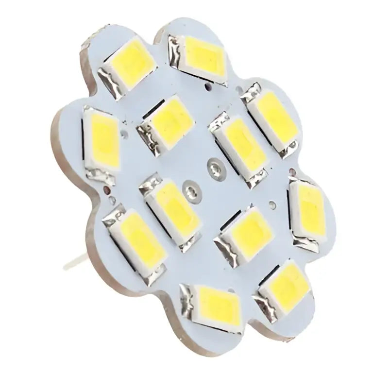 Silver-colored decorbites led g4 bulb with 12 yellow rectangular leds on a metallic base for home lighting