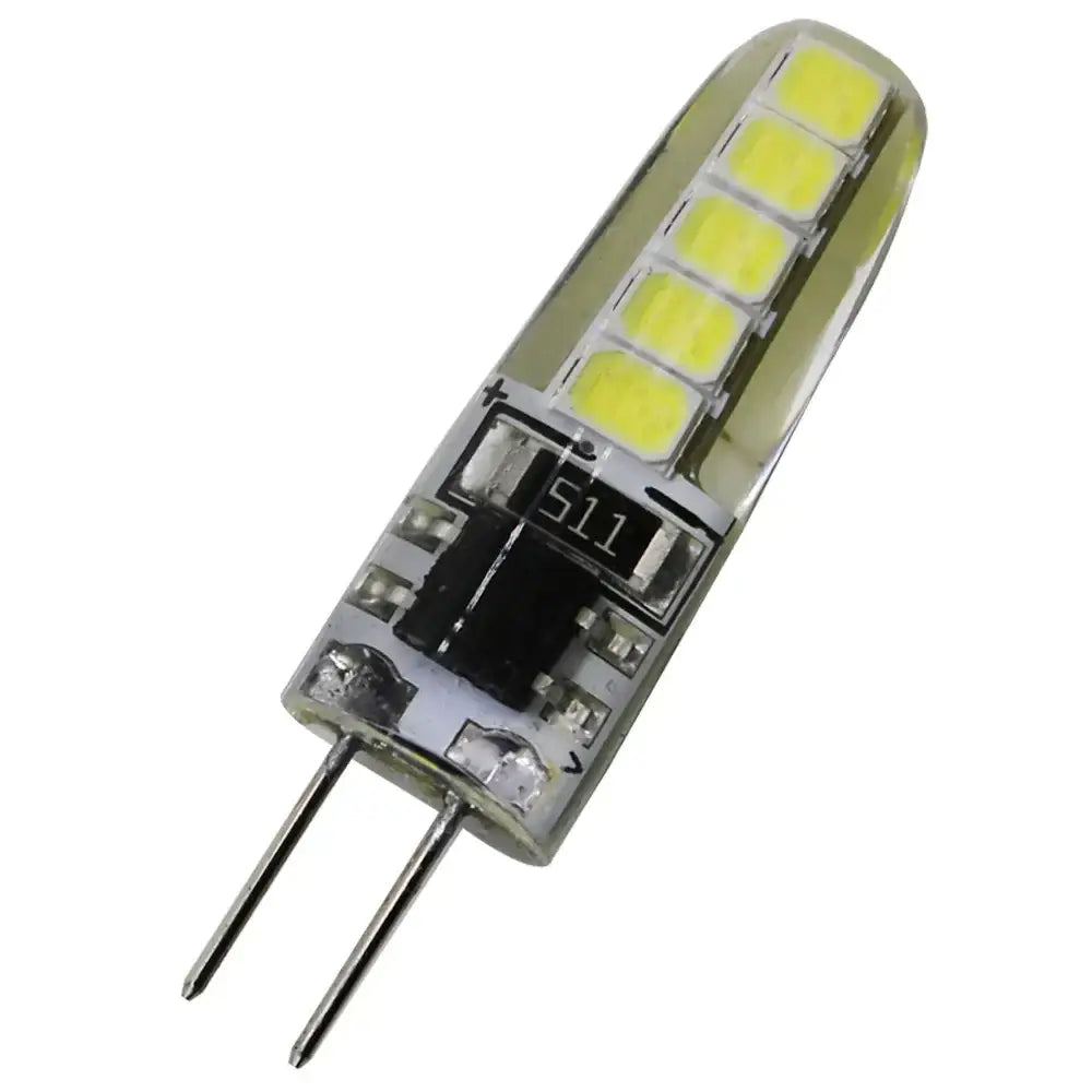 Clear glass decorbites led g4 bulb with six yellowish green leds and two metallic pins labeled s11 on circuit board