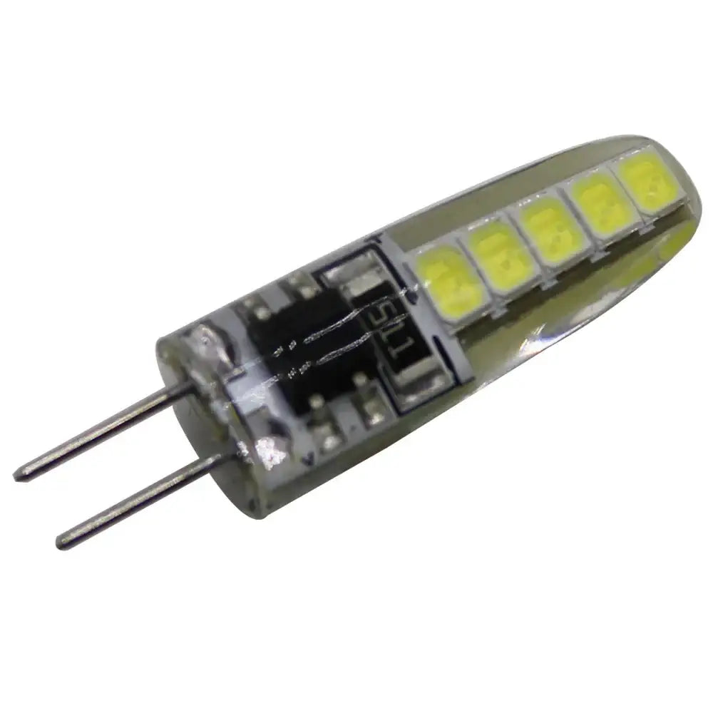 Clear glass decorbites led g4 bulb with five yellowish-green leds and two metallic pins for halogen 25w replacement