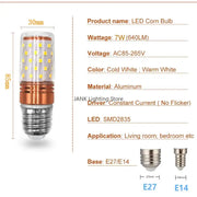 DecorBites led e14 85-265v bulbs 7w aluminum corn bulb with cold white and warm white for chandeliers lighting