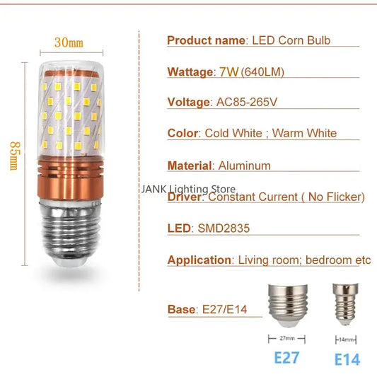 DecorBites led e14 85-265v bulbs 7w aluminum corn bulb with cold white and warm white for chandeliers lighting