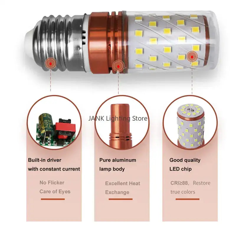 A copper-colored decorbites led e14 85-265v bulb with clear housing and multiple yellow leds for crystal chandeliers