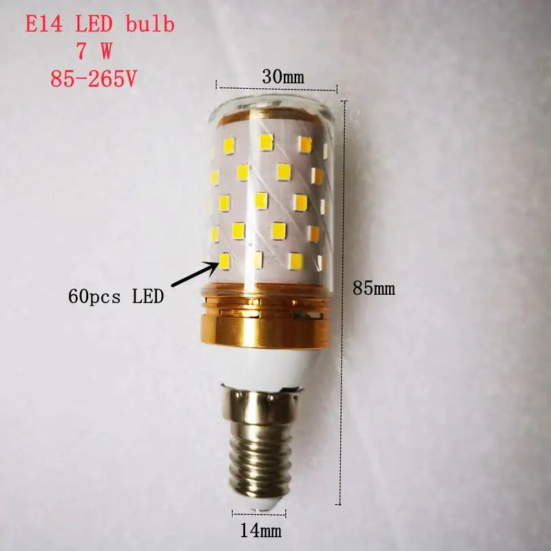 Decorbites led 7w e14 85-265v bulbs with clear glass, gold base, and 60 yellow leds for crystal chandeliers