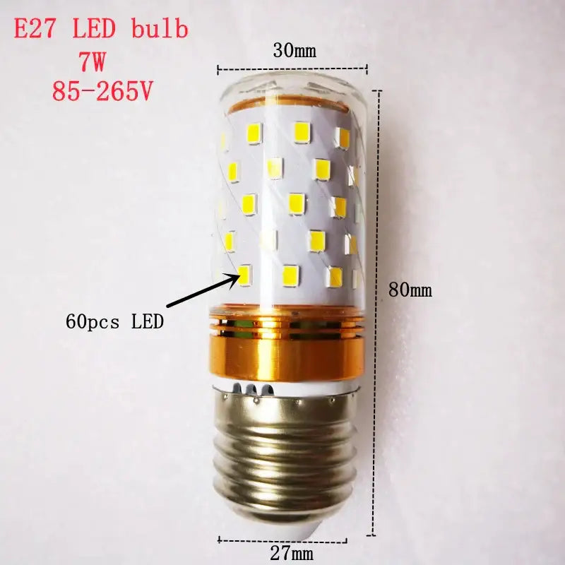 Decorbites led 7w e27 corn-shaped bulb with 60 yellow leds clear plastic casing white base gold collar e14 85-265v bulbs for chandeliers