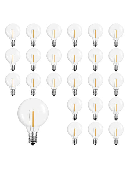 Clear glass globe-shaped decorbites led g40 e12 bulbs with visible filament arranged in a grid for outdoor garden decor